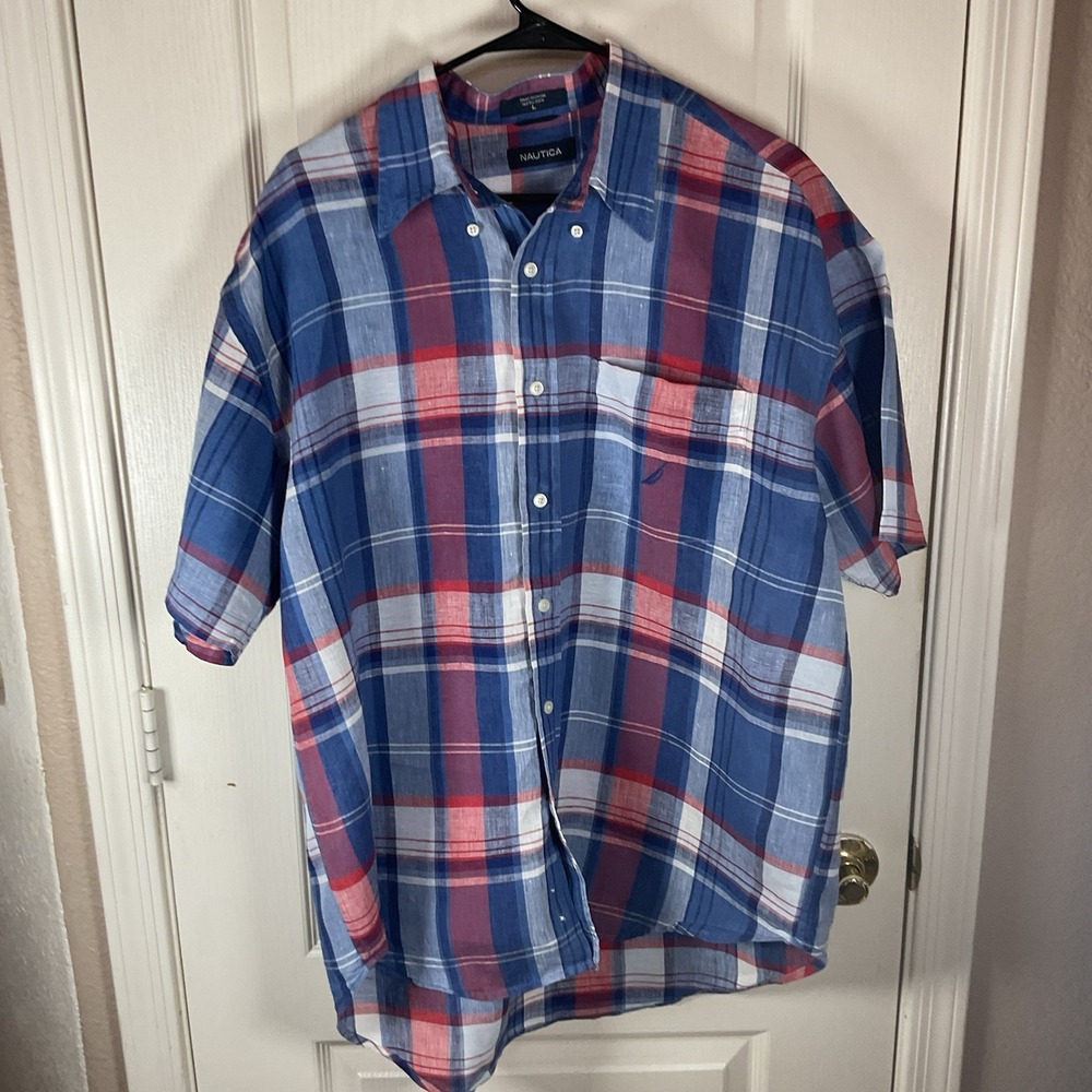 Nautica Men's L 100% Linen Short Sleeve Button Up Red Blue White Plaid Shirt